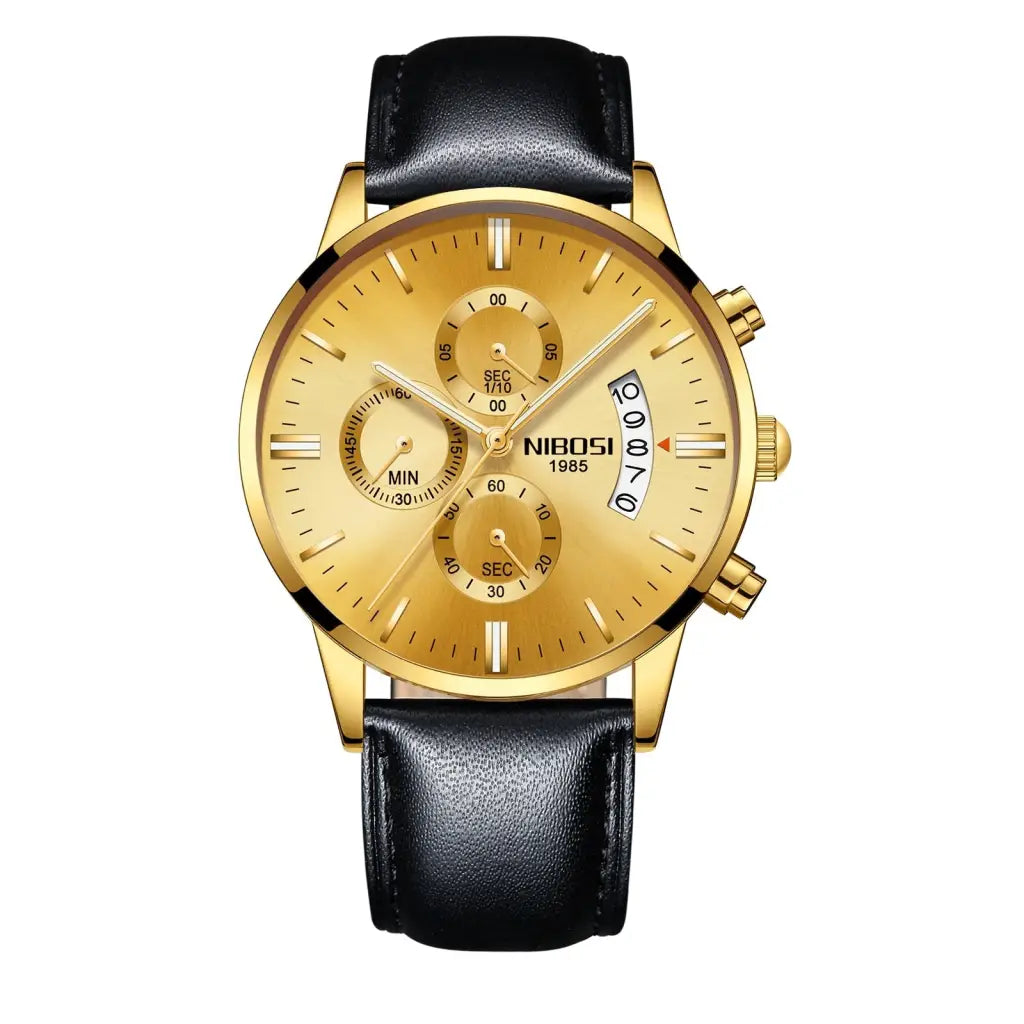 Relógio Masculino Pulseira de Couro Nibosi - Preto com Dourado - 3